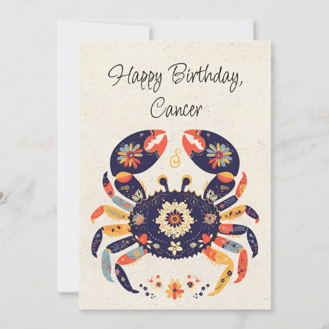 Cancer Crab Zodiac Floral Birthday Flat Card (Front)