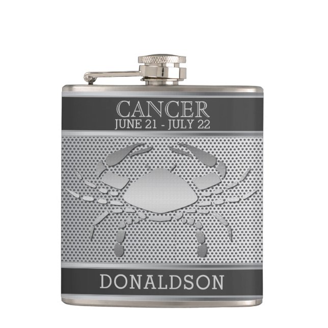 Cancer in Black and Silver Mesh Hip Flask (Front)