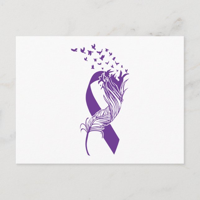 Cancer Purple Ribbon Feather Birds Invitation Postcard (Front)