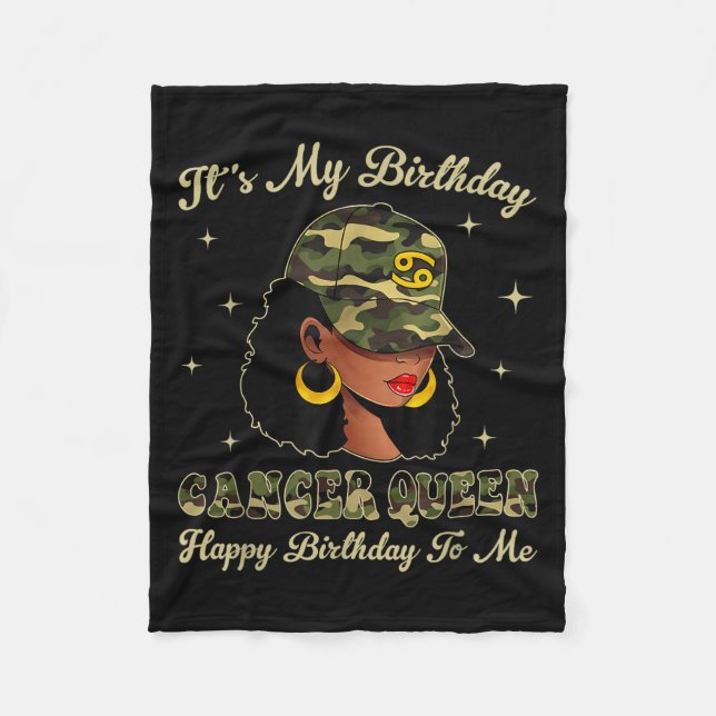 Cancer Queen Loc'd Black Woman Camo Cap Zodiac Sig Fleece Blanket (Front)