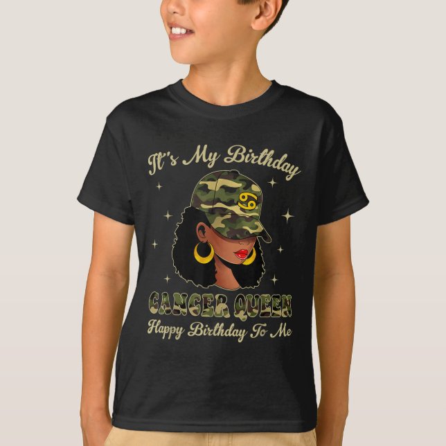 Cancer Queen Loc'd Black Woman Camo Cap Zodiac Sig T-Shirt (Front)
