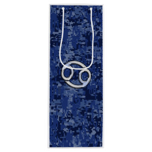 Cancer Sign on Navy Blue Digital Camouflage Wine Gift Bag