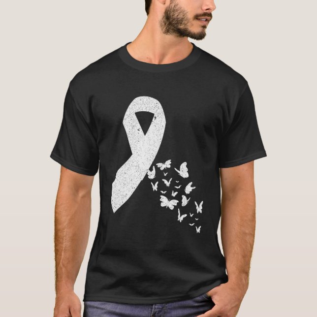 Cancer Survivor Butterfly White Ribbon Lung Cancer T-Shirt (Front)