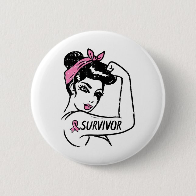 Cancer Survivor Rosie Riveter Pink Awareness Women 6 Cm Round Badge (Front)