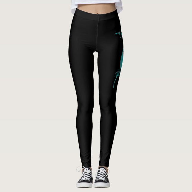 Cancer Teal Ribbon Feather Birds Leggings (Front)