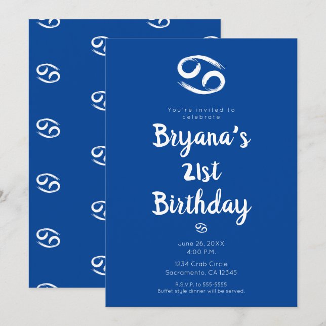 CANCER Zodiac Astrology June July Birthday Party  Invitation (Front/Back)