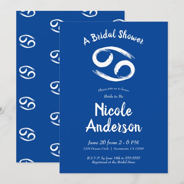 CANCER Zodiac Astrology June July Bridal Shower  Invitation (Front/Back)