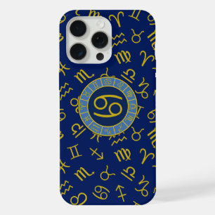 Cancer Zodiac+Astrology Symbols Pattern Gold+Blues iPhone 15 Pro Max Case