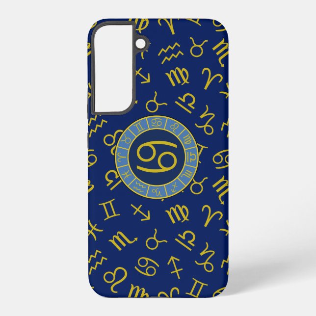 Cancer Zodiac+Astrology Symbols Pattern Gold+Blues Samsung Galaxy S22+ Case (Back)