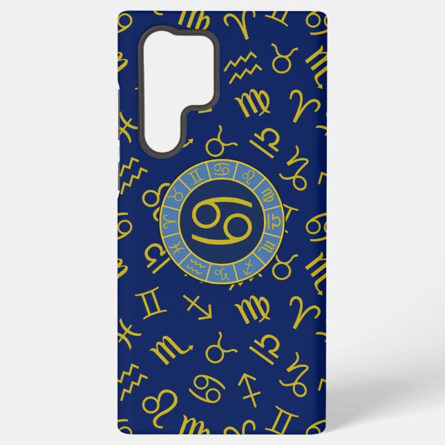Cancer Zodiac+Astrology Symbols Pattern Gold+Blues Samsung Galaxy S22 Ultra Case (Back)