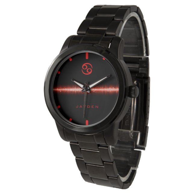 Cancer Zodiac Cool Red Fire Light Line Custom Name Watch (Angled)