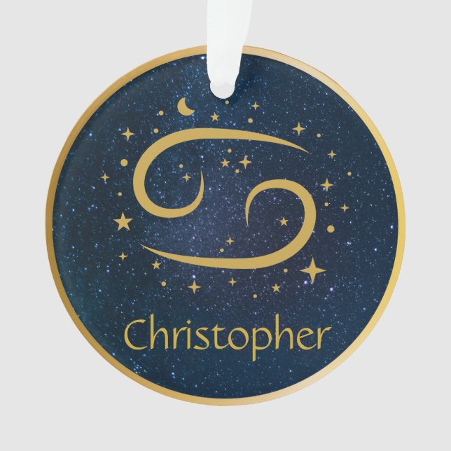 Cancer zodiac gold symbol gold blue personalised ornament (Front)