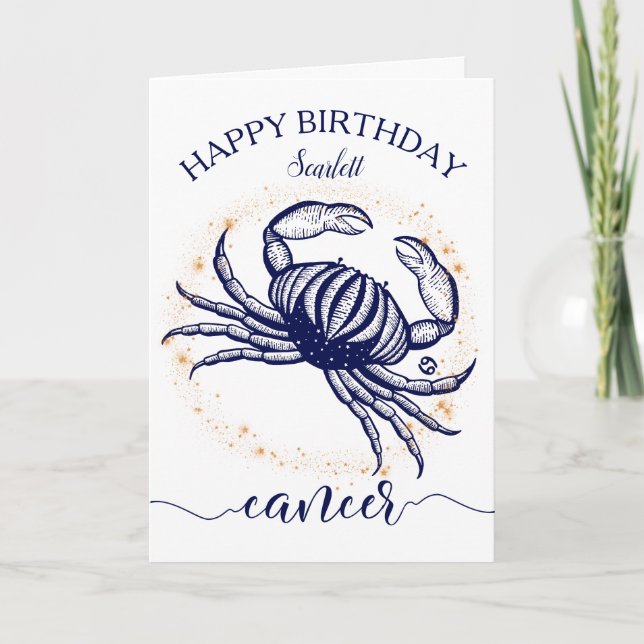 Cancer Zodiac Navy & Gold Monochrome Birthday Card (Front)