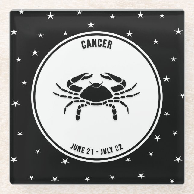 Cancer Zodiac Sign, Black & White Glass Coaster (Front)