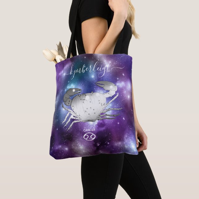 Cancer Zodiac Sign Cosmic Monogram Name Purple Tote Bag (Close Up)