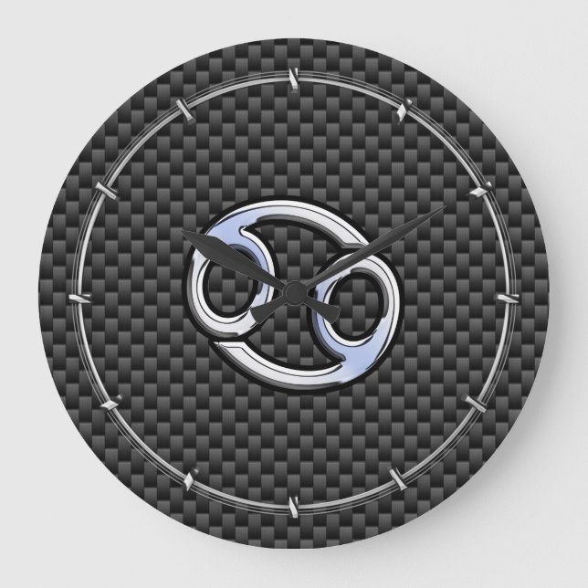 Cancer Zodiac Sign on Charcoal Carbon Fibre Print Large Clock (Front)