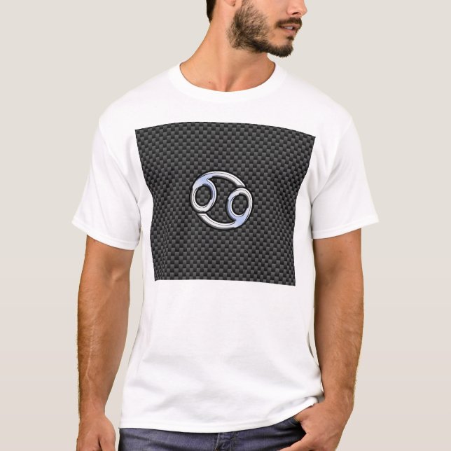 Cancer Zodiac Sign on Charcoal Carbon Fibre Print T-Shirt (Front)