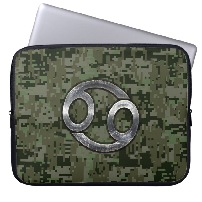Cancer Zodiac Sign on Green Digital Camo Laptop Sleeve (Front)