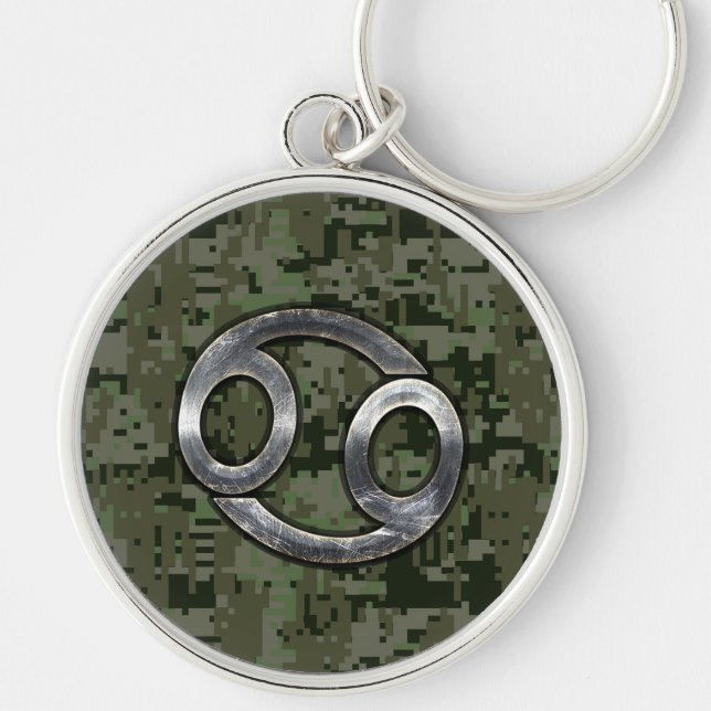 Cancer Zodiac Sign on Green Digital Camouflage Key Ring (Front)