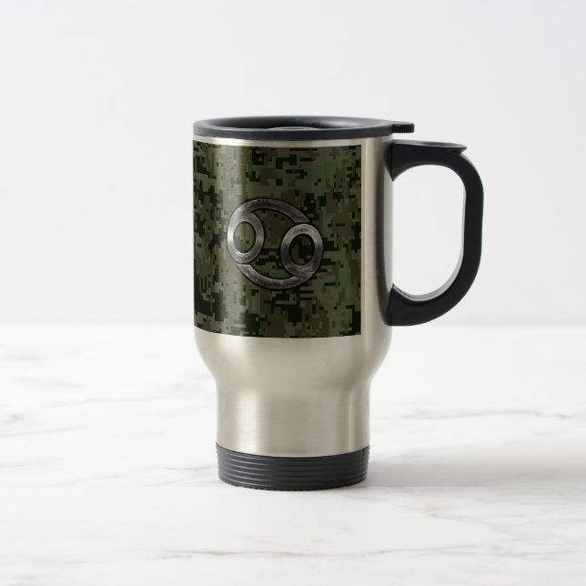 Cancer Zodiac Sign on Green Digital Camouflage Travel Mug (Right)