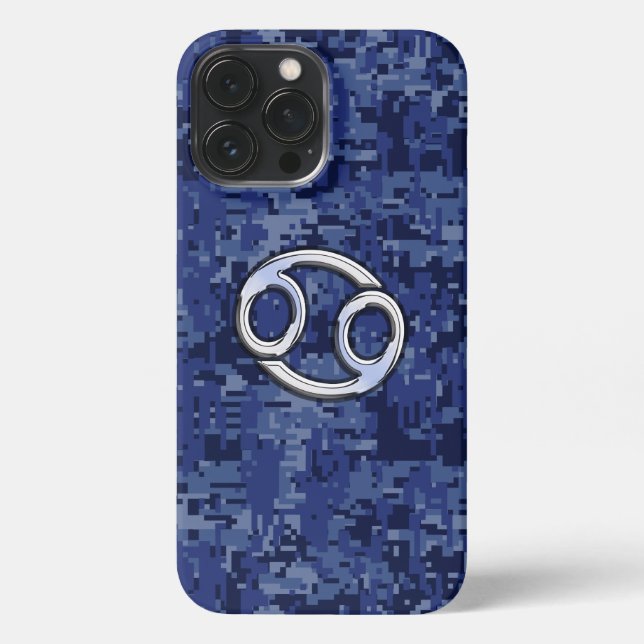 Cancer Zodiac Sign on Navy Blue Camo iPhone Case (Back)