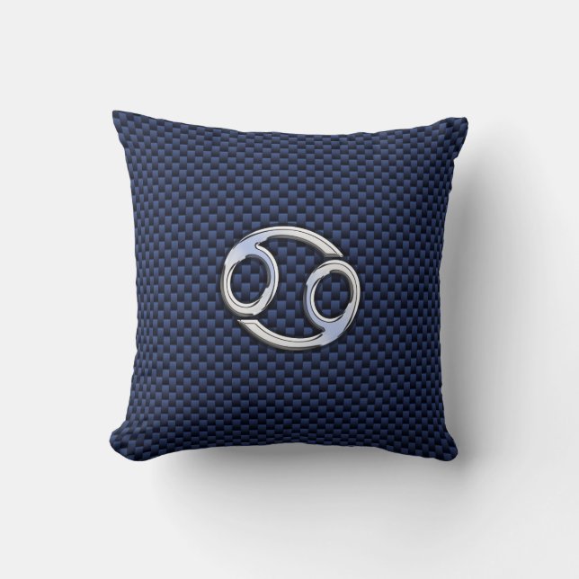 Cancer Zodiac Sign on Navy Blue Carbon Fibre Print Cushion (Front)
