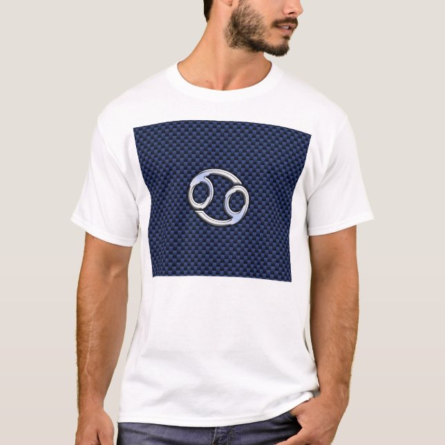 Cancer Zodiac Sign on Navy Blue Carbon Fibre Print T-Shirt (Front)