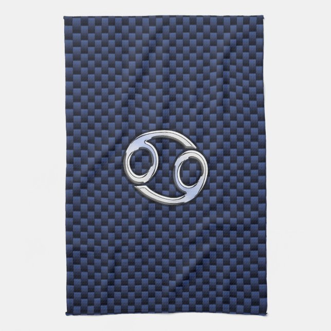 Cancer Zodiac Sign on Navy Blue Carbon Fibre Print Tea Towel (Vertical)