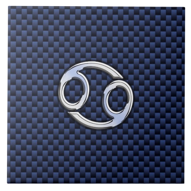 Cancer Zodiac Sign on Navy Blue Carbon Fibre Print Tile (Front)