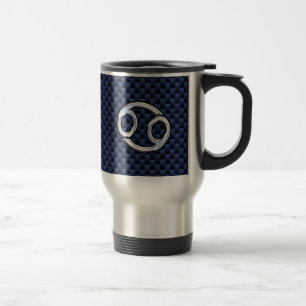 Cancer Zodiac Sign on Navy Blue Carbon Fibre Print Travel Mug
