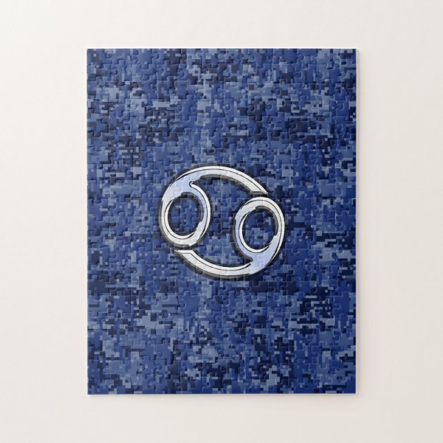 Cancer Zodiac Sign on Navy Blue Digital Camo Jigsaw Puzzle (Vertical)