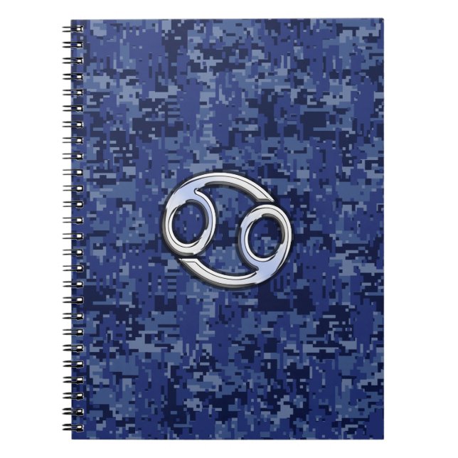 Cancer Zodiac Sign on Navy Blue Digital Camo Notebook (Front)
