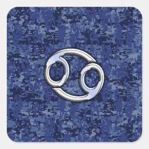 Cancer Zodiac Sign on Navy Blue Digital Camo Square Sticker