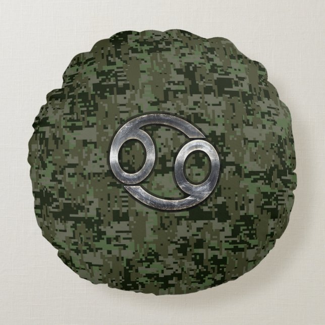 Cancer Zodiac Sign on Olive Green Digital Camo Round Cushion (Front)