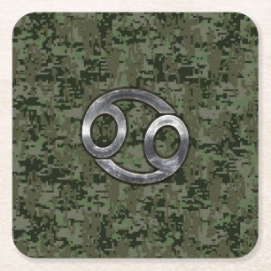 Cancer Zodiac Sign on Olive Green Digital Camo Square Paper Coaster
