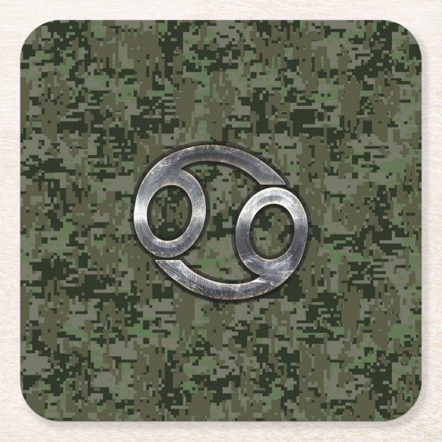 Cancer Zodiac Sign on Olive Green Digital Camo Square Paper Coaster (Front)