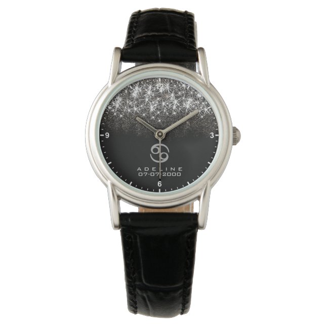 Cancer Zodiac Sign Silver Glitter Stars Birth Date Watch (Front)