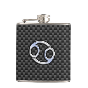 Cancer Zodiac Symbol Black Carbon Fibre Print Hip Flask