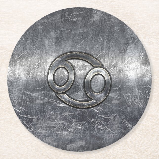 Cancer Zodiac Symbol in Industrial Style Round Paper Coaster (Front)