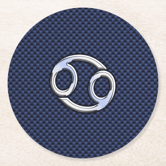 Cancer Zodiac Symbol Navy Blue Carbon Fibre Print Round Paper Coaster (Front)