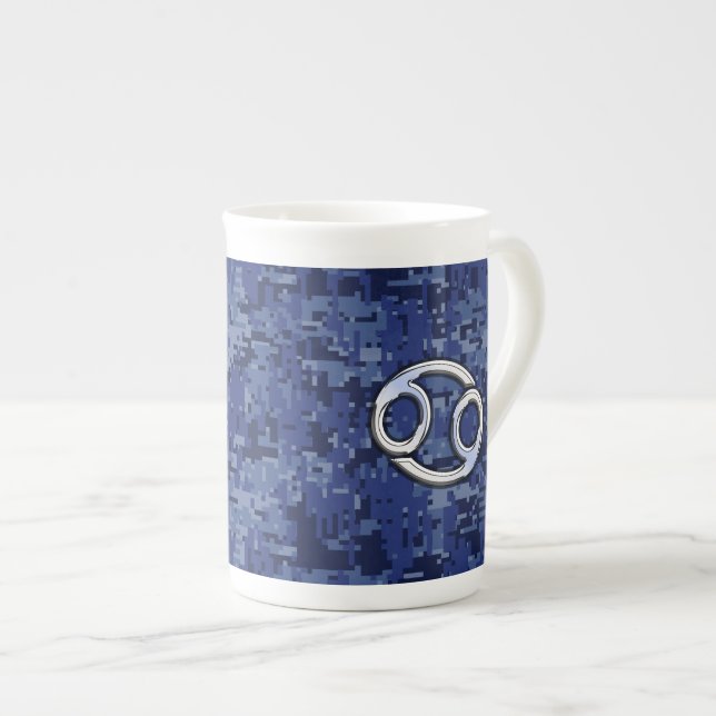 Cancer Zodiac Symbol Navy Blue Digital Camouflage Bone China Mug (Front Right)