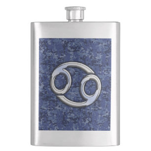 Cancer Zodiac Symbol Navy Blue Digital Camouflage Hip Flask