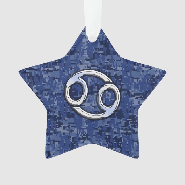 Cancer Zodiac Symbol Navy Blue Digital Camouflage Ornament (Front)