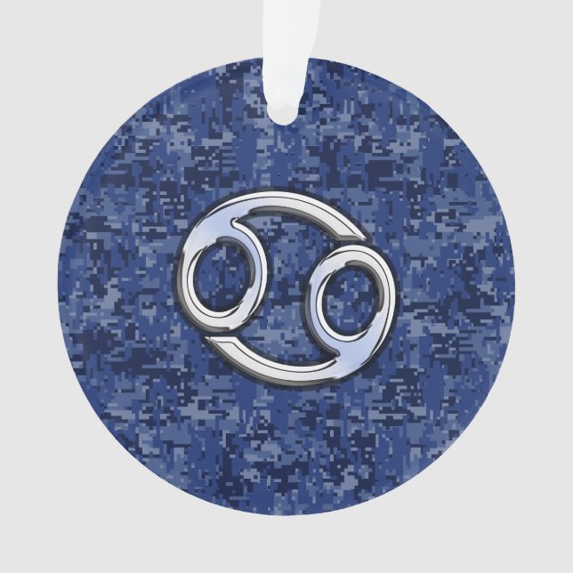Cancer Zodiac Symbol Navy Blue Digital Camouflage Ornament (Front)