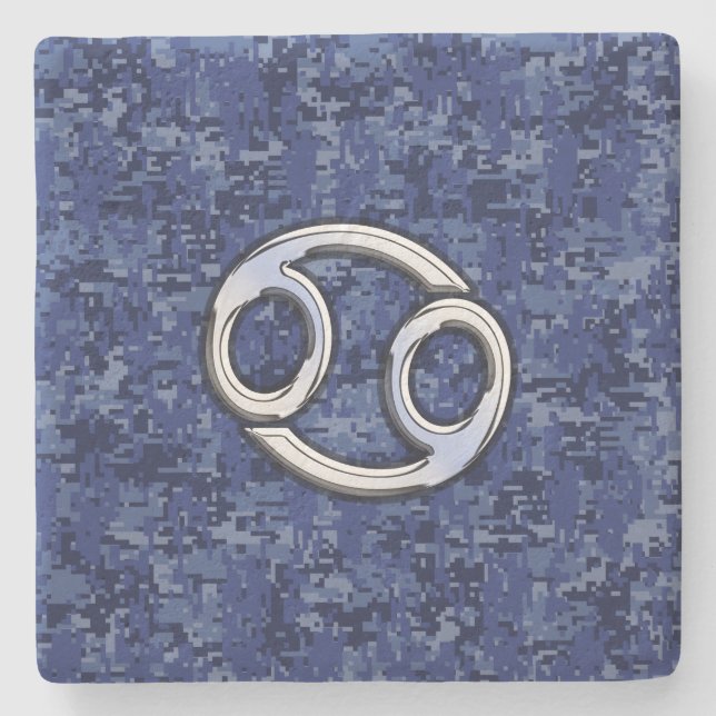 Cancer Zodiac Symbol Navy Blue Digital Camouflage Stone Coaster (Front)