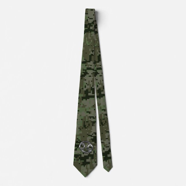 Cancer Zodiac Symbol on Green Digital Camo Tie (Front)