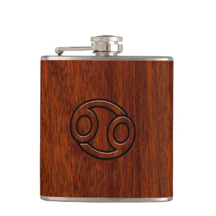 Cancer Zodiac Symbol on Mahogany Style Hip Flask