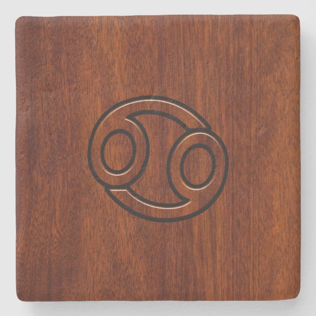 Cancer Zodiac Symbol on Mahogany Style Stone Coaster (Front)