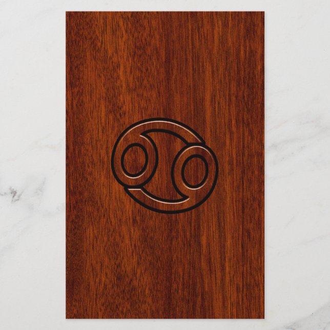 Cancer Zodiac Symbol on Mahogany Wood Style Stationery (Front)