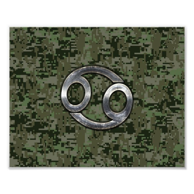 Cancer Zodiac Symbol on Woodland Digital Camo Photo Print (Front)